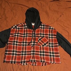 Trendy Red and Black Plaid Crop Top Hoodie